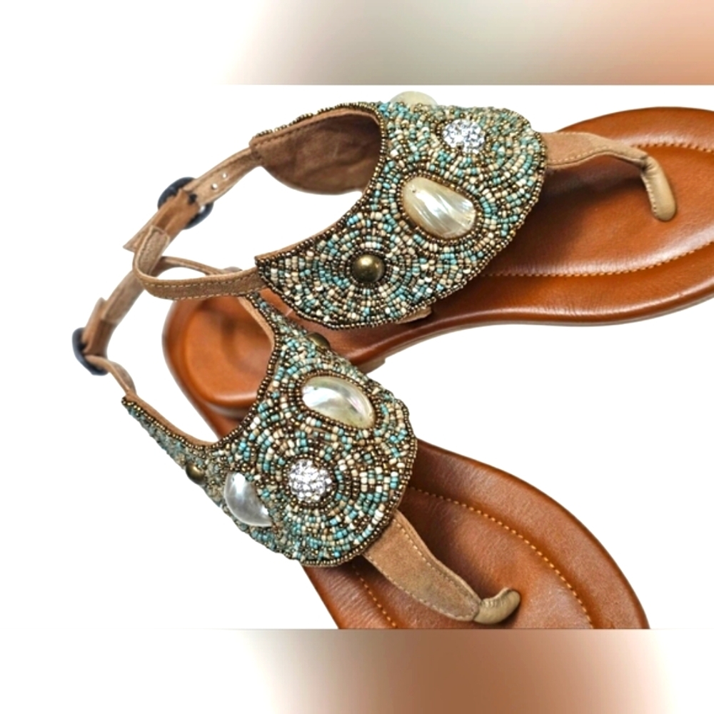 Skemo Luxury Bead Embroidered Tan Turquoise Ankle Strap Sandals Shell Details - Picture 5 of 13